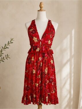 Farm Rio Red Floral Ruffle Midi Dress XS Sleeveless Plunge Boho Tropical Brazil